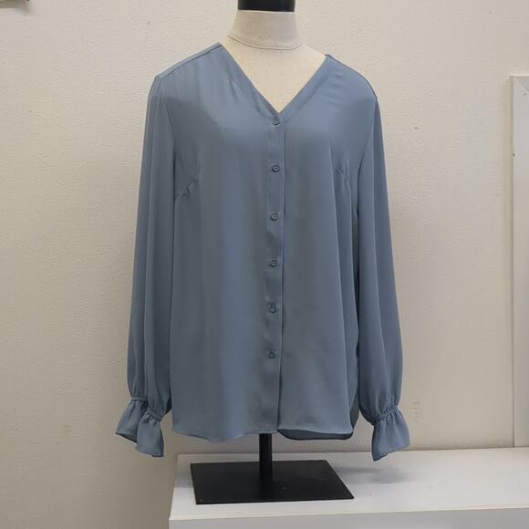T Tahari light blue button down ruffle blouse size Large - Picture 1 of 6